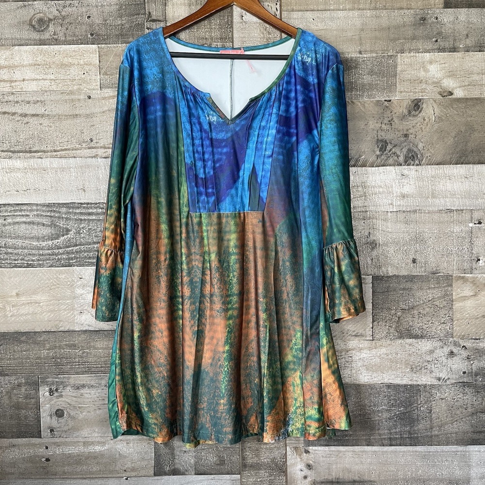 Simply Aster Women's Plus Size 3X Blouse Colorful Blue Green Pleated 3/4 Sleeve